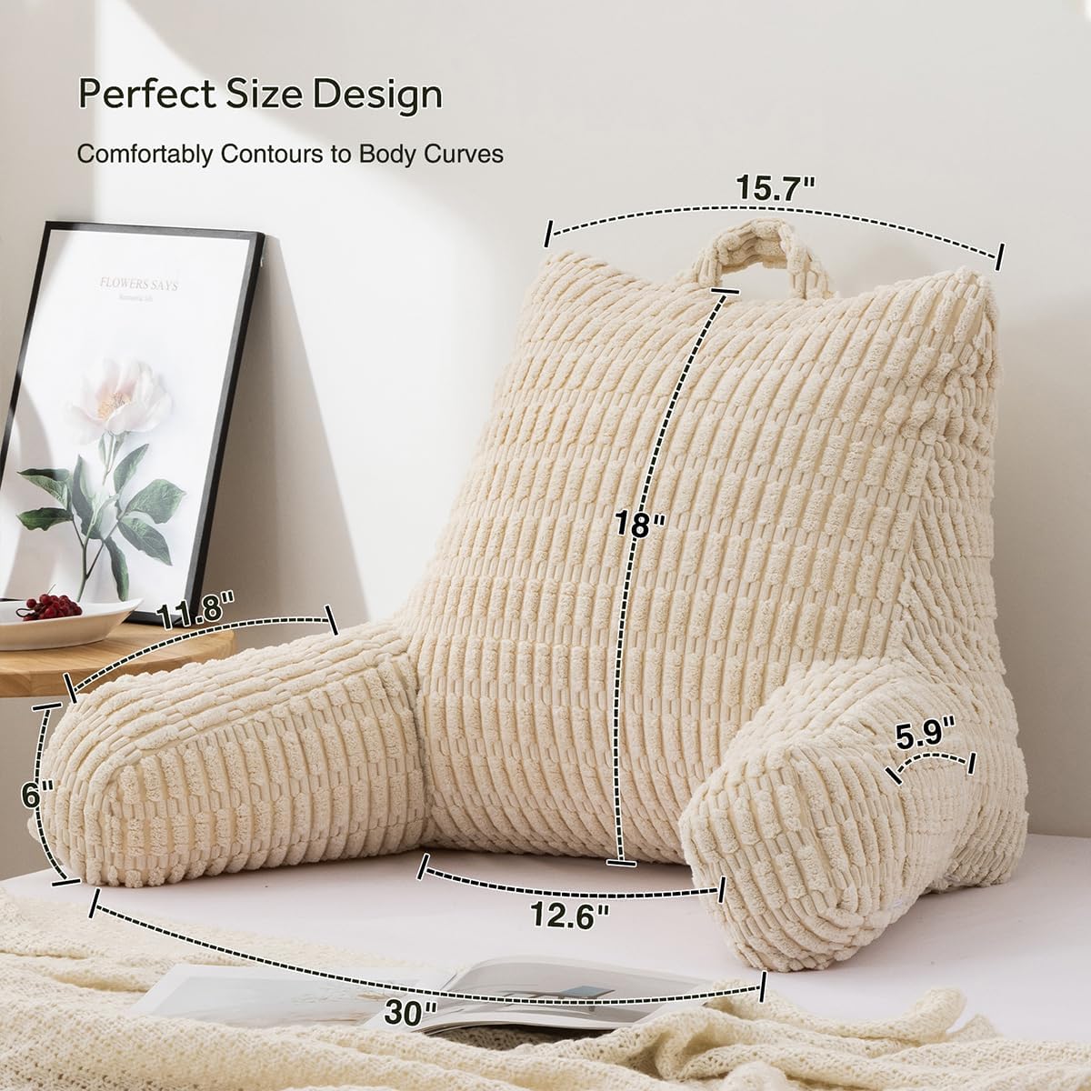 Holawakaka Adults Reading Pillow with Arms,Backrest Reading & Rest Pillows for Sitting Up in Bed, Bed Rest,Lounging, Working on Laptop,Arms Back Support Cushion for Men Women Teens,Cream