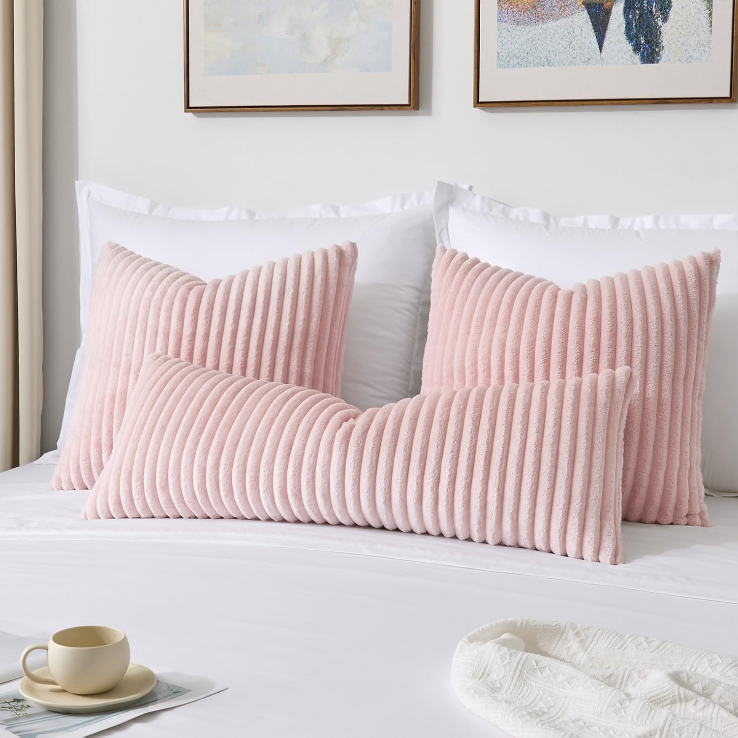 Kevin Textile Soft Plush 14x36 Inch Long Lumbar Pillow Cover 1 Pack, Luxury Fluffy Faux Fur Striped Flannel Rectangle Body Cushion Case for Girls Gift Couch Sofa Chair Bed Home Decor, Light Pink