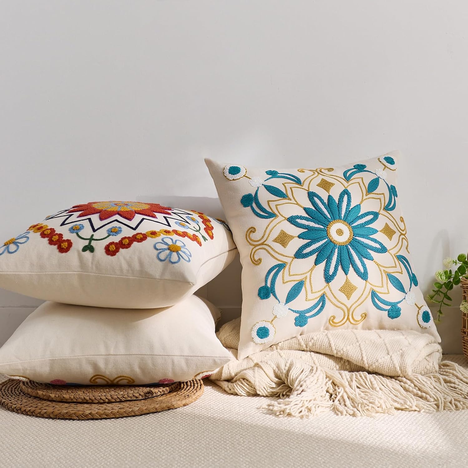 Embroidered Throw Pillow Cover 20x20 Classic Boho Floral Pattern Pillows Cover Outdoor Decorative Pillowcase,Durable Cozy Textured Cushion Case for Sofa Couch Bed Living Room,Teal