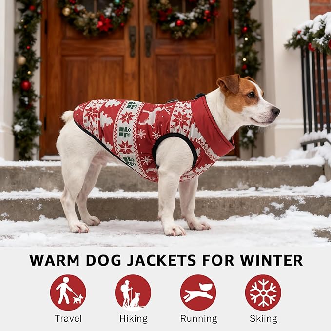 SCENEREAL Christmas Winter Dog Vest Coat with Harness Built in, Warm Puppy Jacket for Small Medium Dogs, Cold Weather Coat with Zipper, Fleece Puffer Vest Windproof Snow Clothes, S