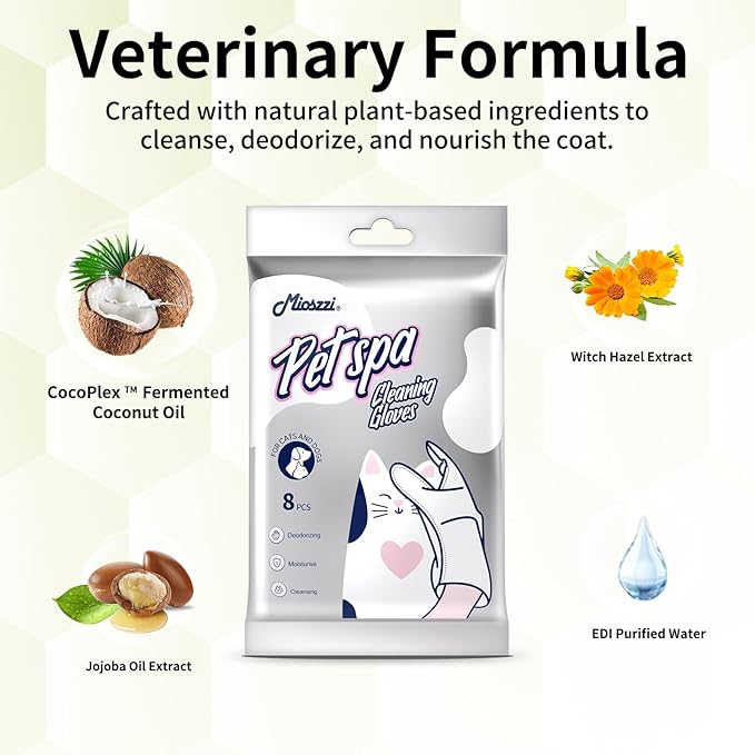 MIOSSZI Pet Gloves Wipes for Dogs & Cats Wipes Cleaning Deodorizing Hypoallergenic No-Rinse Pet Grooming Wipes Unscented Extra Thick Bathing Wipes for Pet Dry Cleaning Daily Care and Travel 8 pcs