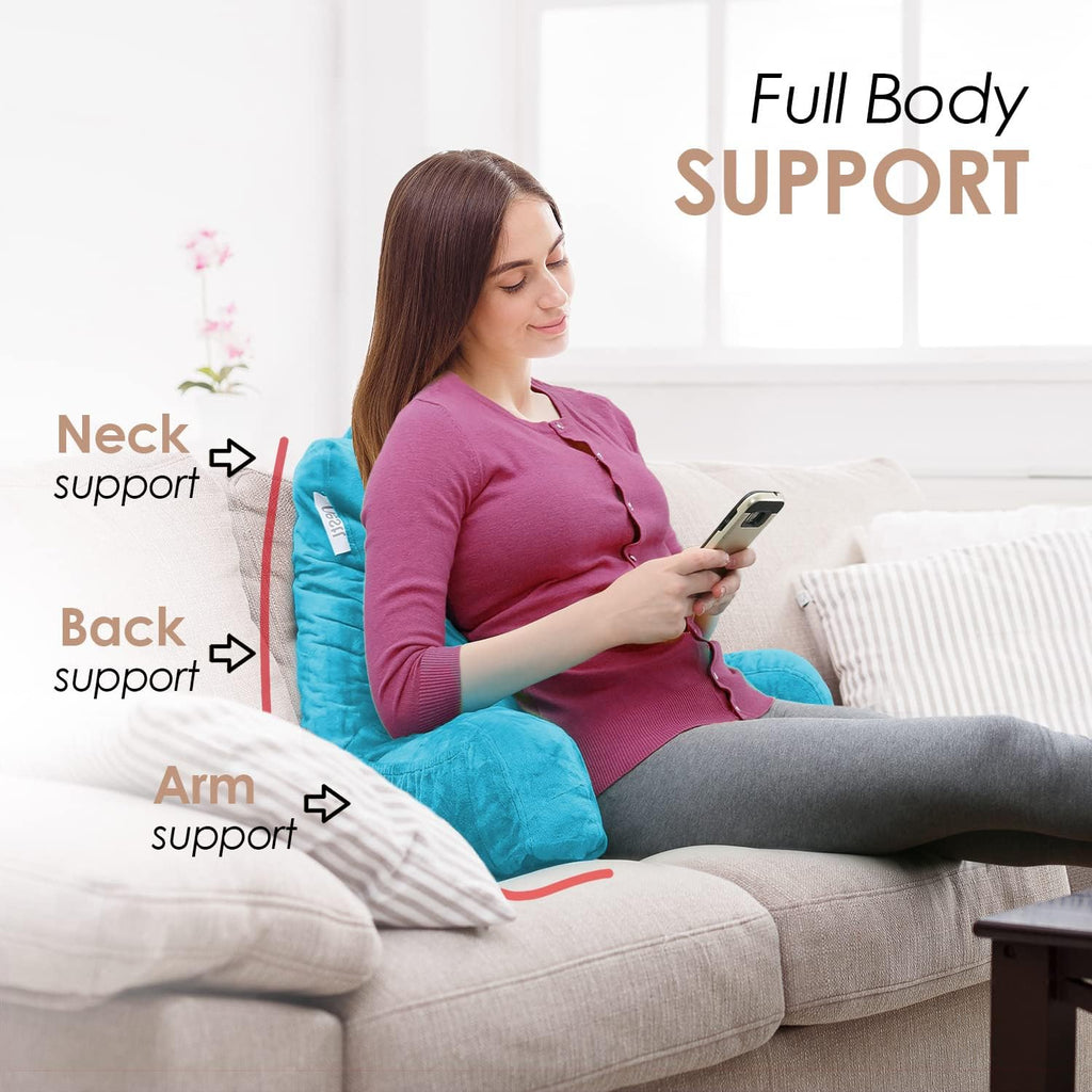 Nestl Reading Pillow with Shredded Memory Foam, Designed for Sitting Up in Bed and Couch, Back and Arms Adjustable Support for Adult & Teens Backrest Pillows for Reading, Washable Cover, Bright Blue