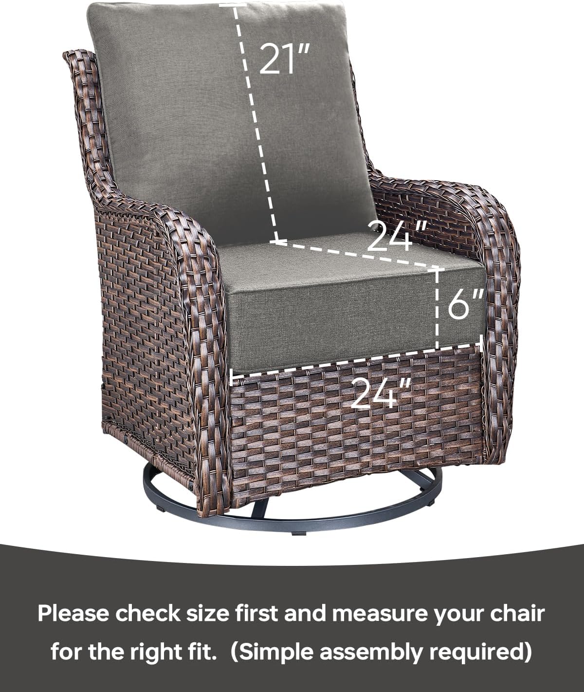 Luxury 24x24x6 Inch Patio Chair Cushions Set of 3 - Memory Foam Deep Seat Water-Resistant Patio Cushion for Lawn Dining Rocking Swivel Chairs Loveseat 3-Seater Sectional Sofa - Grey