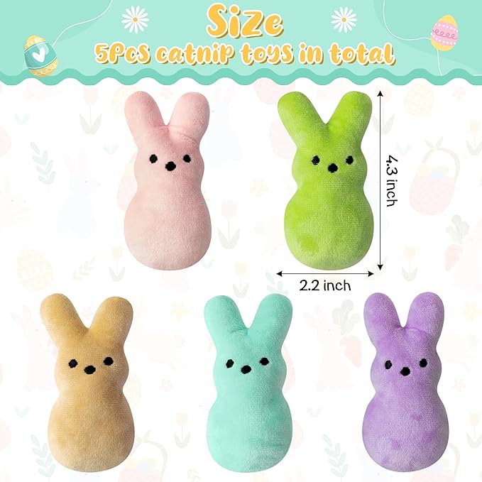 MALLMALL6 5Pcs Easter Bunny Catnip Toys Gift for Cat, Indoor Cats Chew Bite Kick Colorful Rabbit Peeps Catmint Pet Supplies for Kitten Lover Gifts, Cute Interactive Kittens Toy for Pet Presents