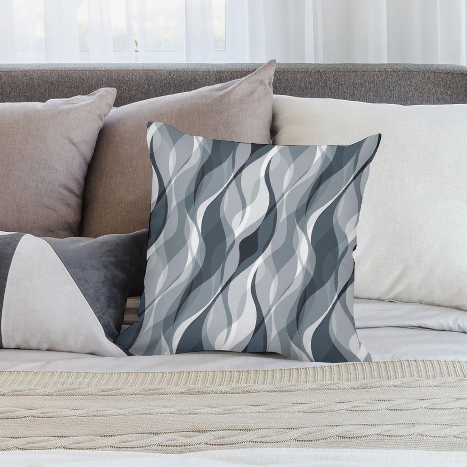 Blue Throw Pillow Covers Modern Abstract Blue and Grey Striped Decorations for Bedroom Living Room Farmhouse Sofa Pillows Bed Couch 16x16 Inch