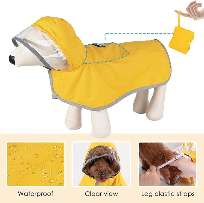 SlowTon Dog Raincoat, Adjustable Dog Rain Jacket Clear Hooded Double Layer, Waterproof Poncho with Reflective Strip Straps and Storage Pocket for Small Medium Large Puppies(S)