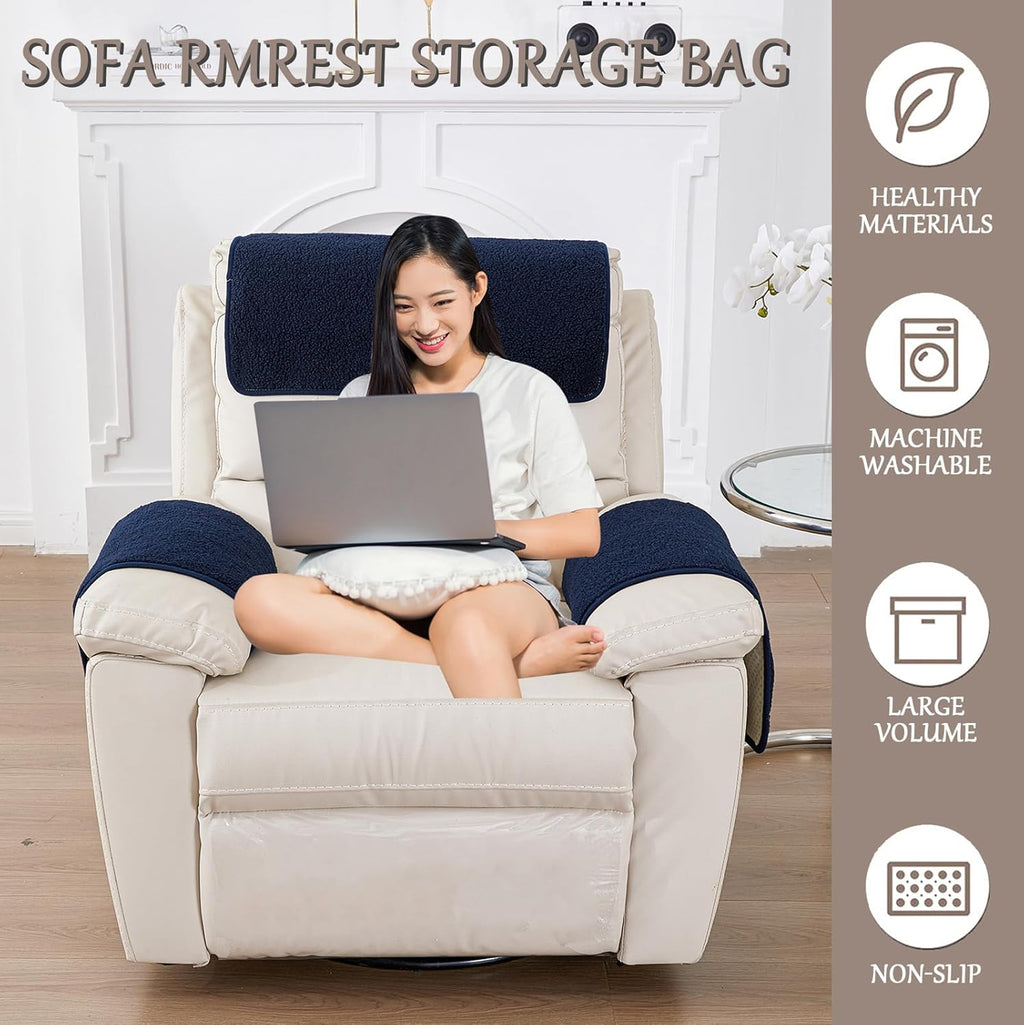 Armrest Cover, Recliner Chair Protector, Furniture Protector Slip, Side Storage Pocket, Stretch Armchair Couch Arm Rest Cover for Recliner, Chair, Sofa (Navy Blue,1 Seater(3pcs))