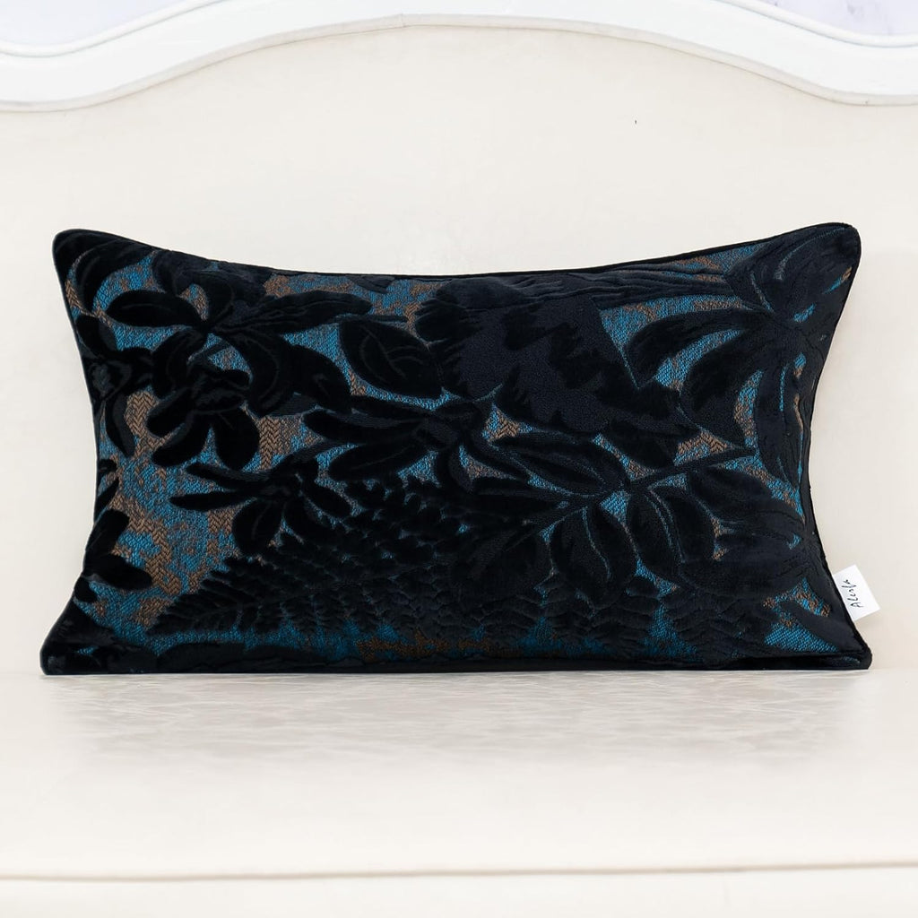 Alerfa Black Throw Pillow Cover 12x20 Inch, Rectangle Cut Velvet Maple Leaf Embroidery Luxury Farmhosue Lumbar Decorative Pillow Cover for Couch Living Room Bedroom