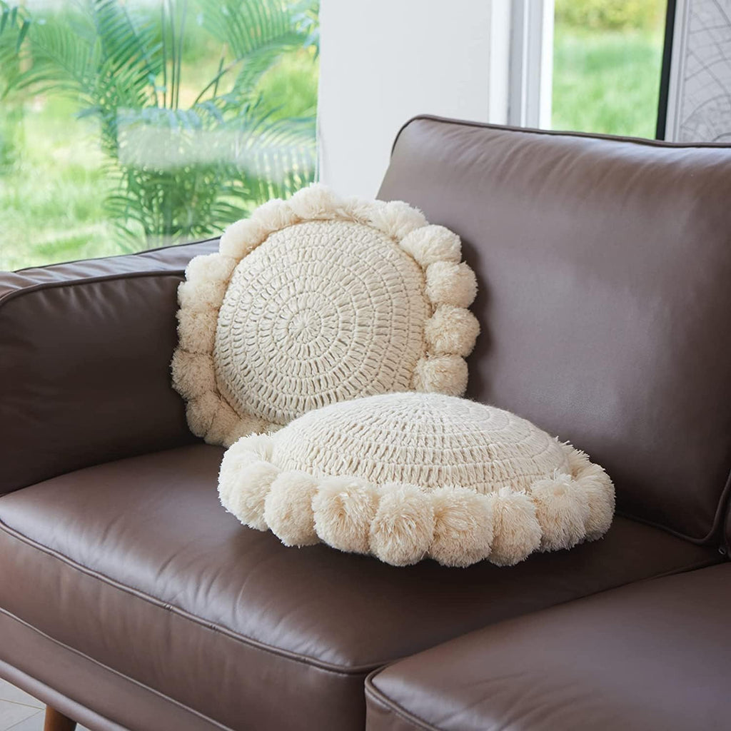Boho Round Throw Pillow with Cute Handmade Pom Poms Tassels 18 Inch, Decorative Circular Knitted Crochet Cushion for Couch, Sofa, Chair, Bed, Beige