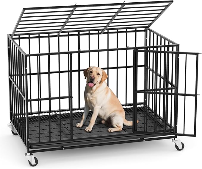 42 in Heavy Duty Dog Crate Steel Escape Proof, Indoor Double Doors and Lockable Wheels,Removable Tray, for Medium and Large Large Dog Breeds,XL