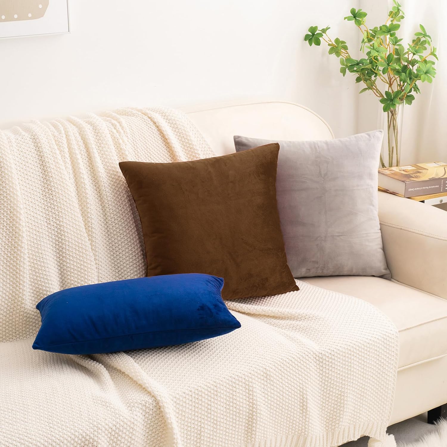 HWY 50 Coffee Velvet Throw Pillow Covers 22x22 Inch, Pack of 2 Soft Cozy Solid Decorative Luxury Cushion Cases for Couch Sofa Bed Living Room Bedroom