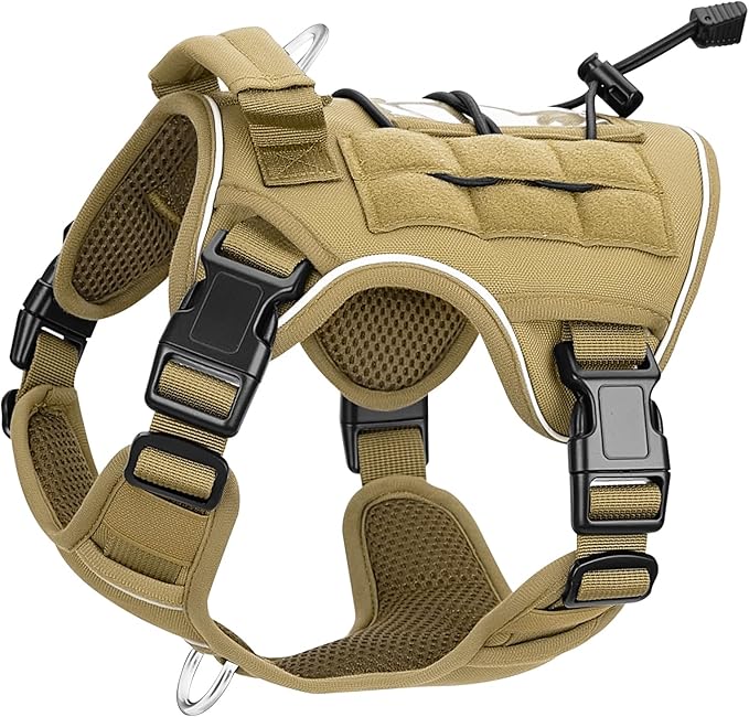 Heavy-Duty Tactical Dog Harness for Large Dogs, No Pull Adjustable Reflective Pet Vest with Molle System, K9 Military-Grade Control for Service Training, Outdoor & 10+ Breeds, Khaki, Small