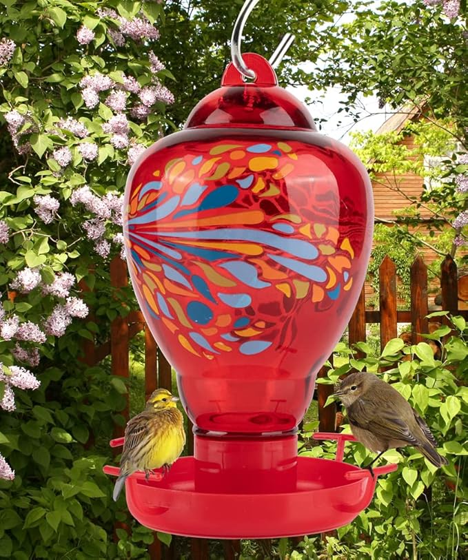 Colorful Glass Wild Bird Waterer 32 Oz Bird Water Feeder for Outdoors Garden Outside Water Cooler Tree Yard Decoration (Red)