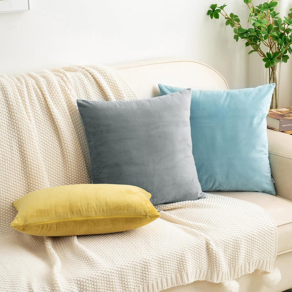 HWY 50 Gray Grey Velvet Throw Pillow Covers 16x16 Inch, Pack of 2 Soft Cozy Solid Decorative Luxury Cushion Cases for Couch Sofa Bed Living Room Bedroom