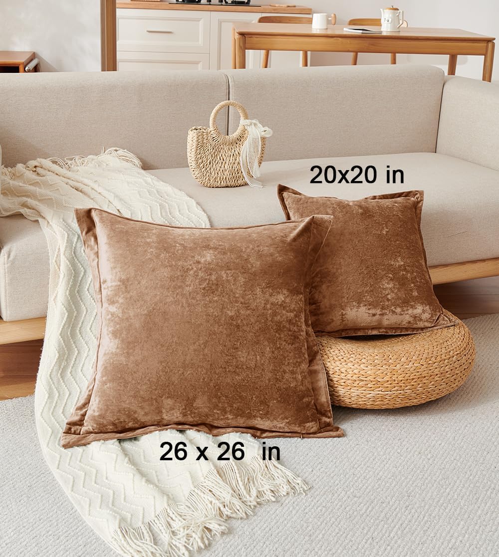 Luxurious Velvet Throw Pillow Covers 20x20 Set of 2 Decorative Pillow Covers Solid Square Cushion Case for Sofa Couch Bedroom Farmhouse, Caramel