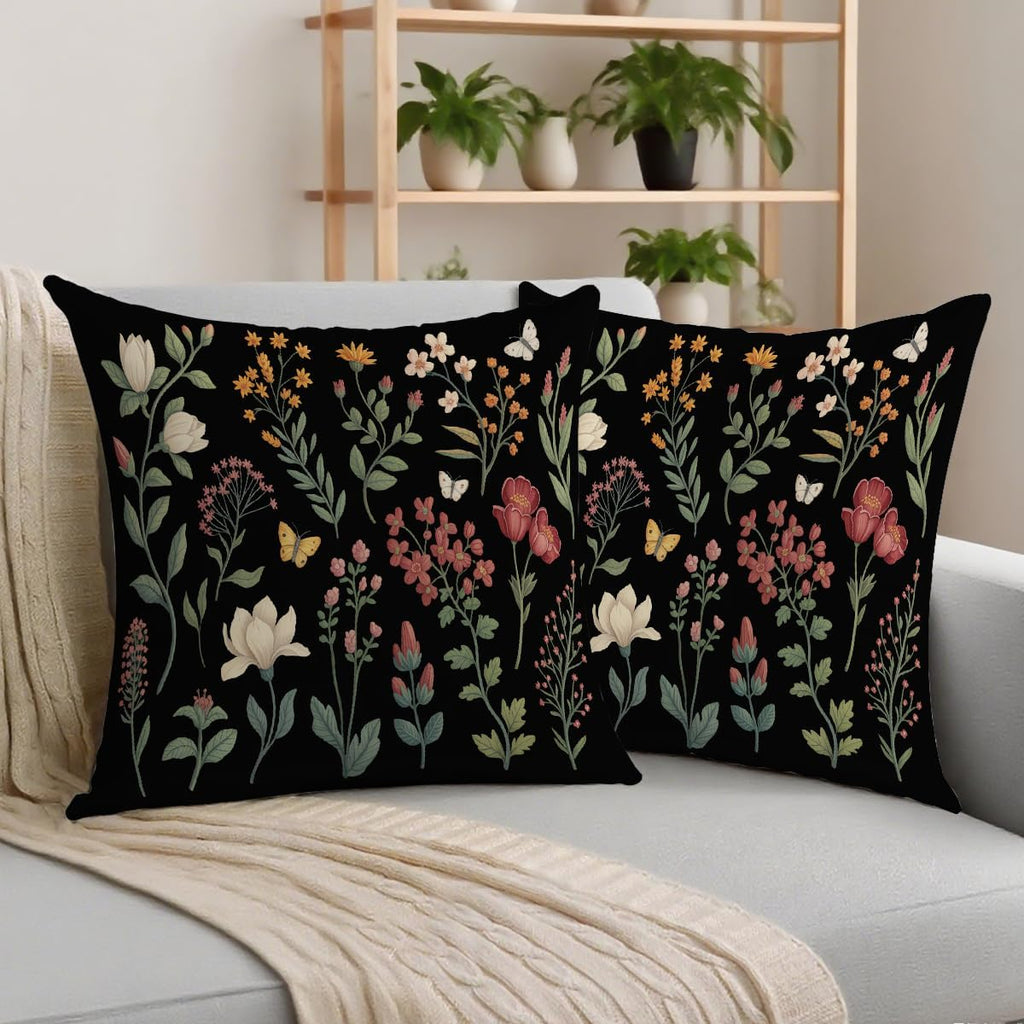 2 Pcs Spring Floral Pillow Covers, Black Botanical Wildflower Herbs Throw Pillow Covers, Summer Flower Plant Decorative Pillowcase Farmhouse Linen Square Cushion Case for Women Friend Sister