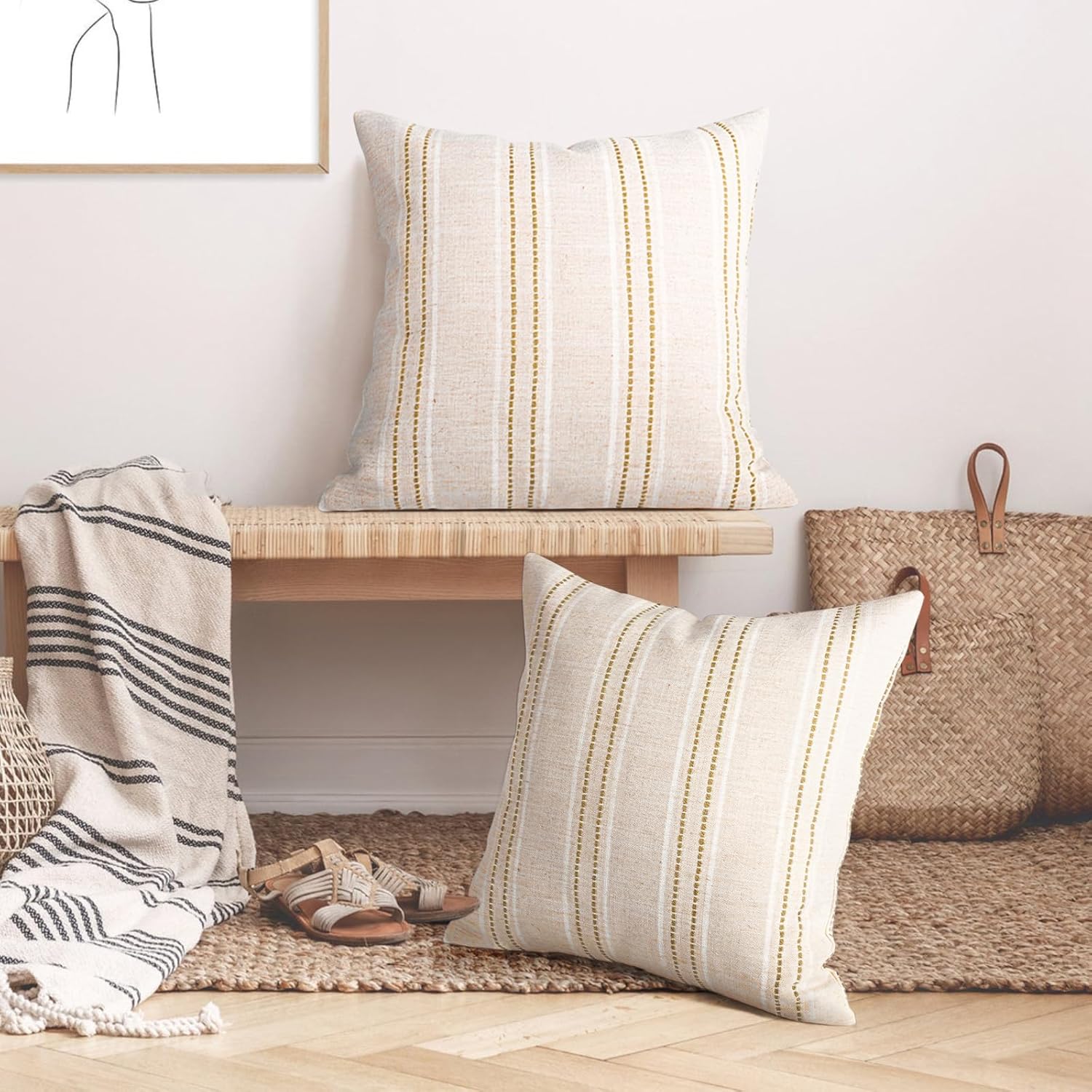 AELS 24x24 Decorative Farmhouse Linen Throw Pillow Covers, Boho Textured Pillow Case, Set of 2, Beige with White & Brown Stitch Yarn Dyed Stripe Cushion Cover for Sofa Couch Living Room (Cover ONLY)