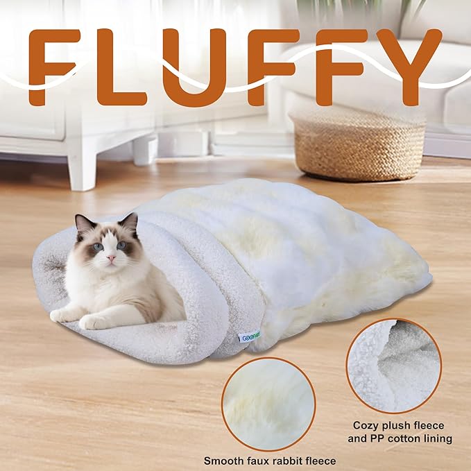 4 in 1 Self Warming Burrow Cat Bed, Pet Hideway Sleeping Cuddle Cave (Style2- Cream)