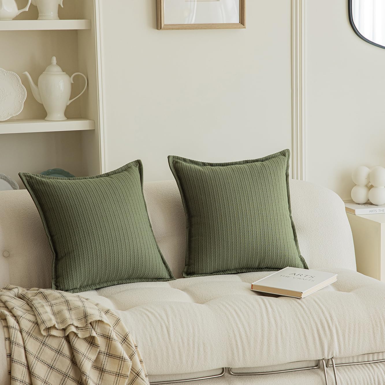 Set of 2 Cozy Striped Herringbone Flange Throw Pillow Covers, Aesthetic Embossed Pattern Pillow Covers for Couch and Bed - 20"x20", Sage Green