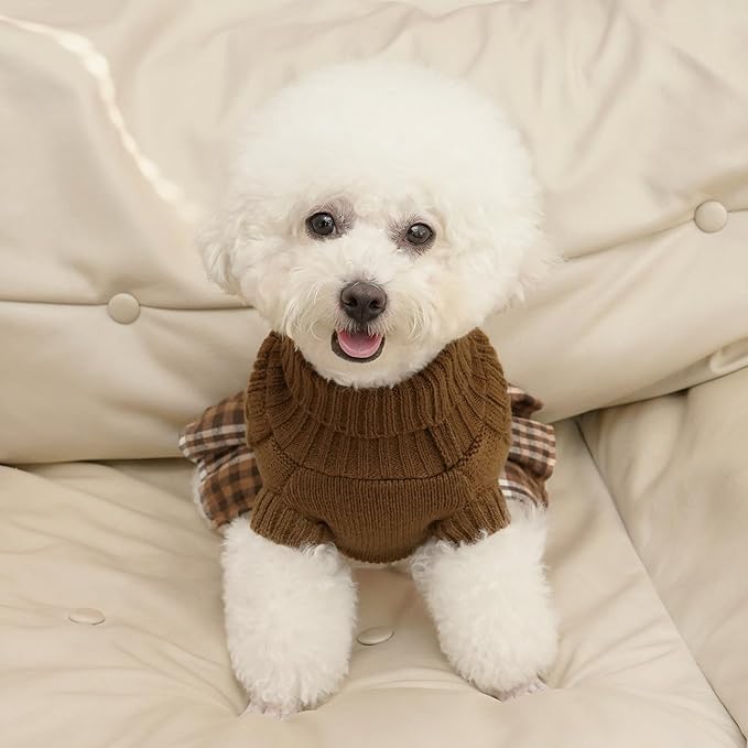 WOYYHO Girl Dog Sweater Dress with Bowtie Turtleneck Small Dogs Sweater with Leash Hole, Knitted Small Dog Sweaters Dress Puppy Winter Clothes for Yorkies Chihuahua (Large, Brown)