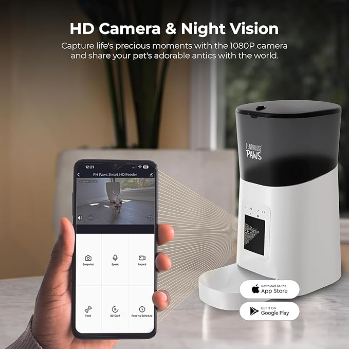 Smart HD Automatic Cat Feeder with 1080P Camera & Night Vision, 2-Way Audio, WiFi App Control, Anti-Jam 6L Cat Feeder with Backup Power, Easy to Clean, Schedules Up to 15 Meals for Cat & Dog, White