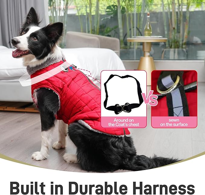 Warm Fleece Dog Coats with Durable Harness Buitl in D-Ring,Waterproof Puppy Jacket for Small Dogs,Dog Vest for Cold Winter,Red XS