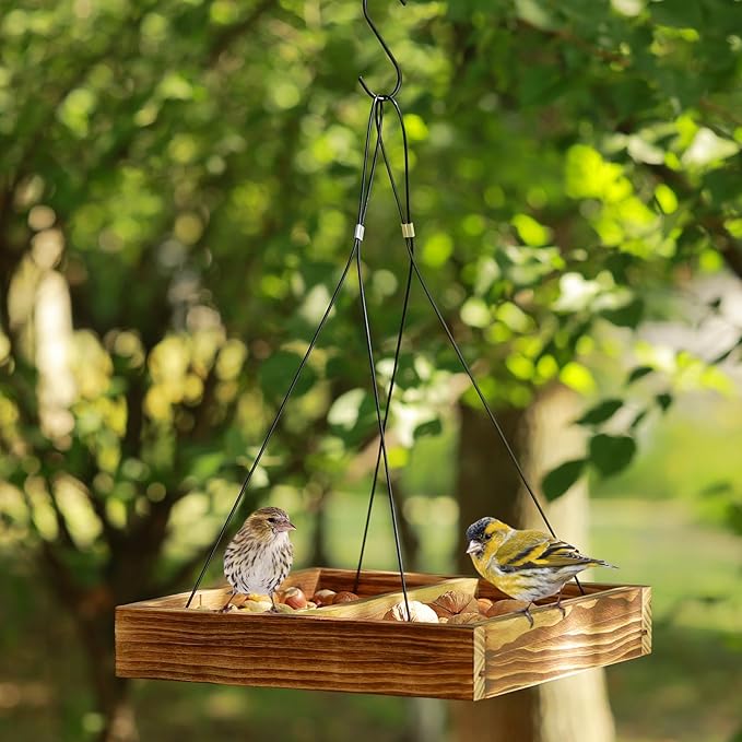 MIXXIDEA Bird Feeder Hanging Tray, Seed Tray Wooden Platform Hummingbird Feeder Hanging Tray Mesh Seed Platform for Garden Yard Outside Decoration Attracting for Wild Birds(Brown-1pk)