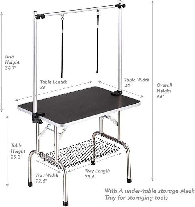 Dog Pet Grooming Table for Large Dogs Adjustable Height Heavy Duty Professional Portable Trimming Table with Arm/Noose/Mesh Tray, Maximum Capacity Up to 330 LBS, 36''/Black