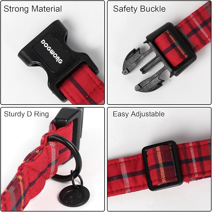 DOGWONG Christmas Cotton Dog Collar, Heavy-Duty Red Plaid Dog Collar Durable Soft Fabric Pet Dog Collars Cute Christmas Red Grid Puppy Necklace for Small Dogs