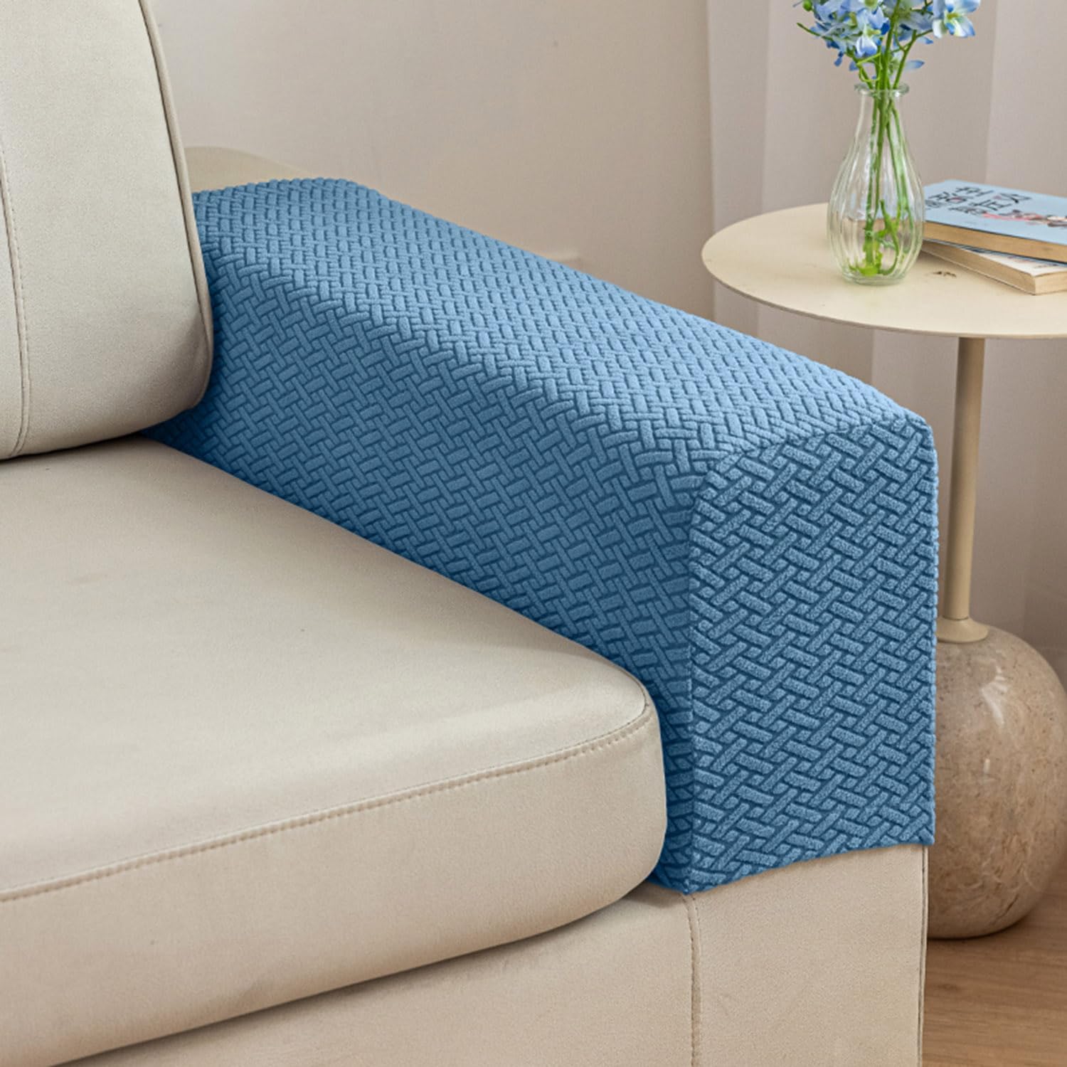 2Pcs Couch Arm Covers, Armrest Cover for Sofa, Sofa Arms Covers Washable Arms with Twist Pins Soft,Skin-Friendly for Pets (Texture Blue, Armrest Cover)