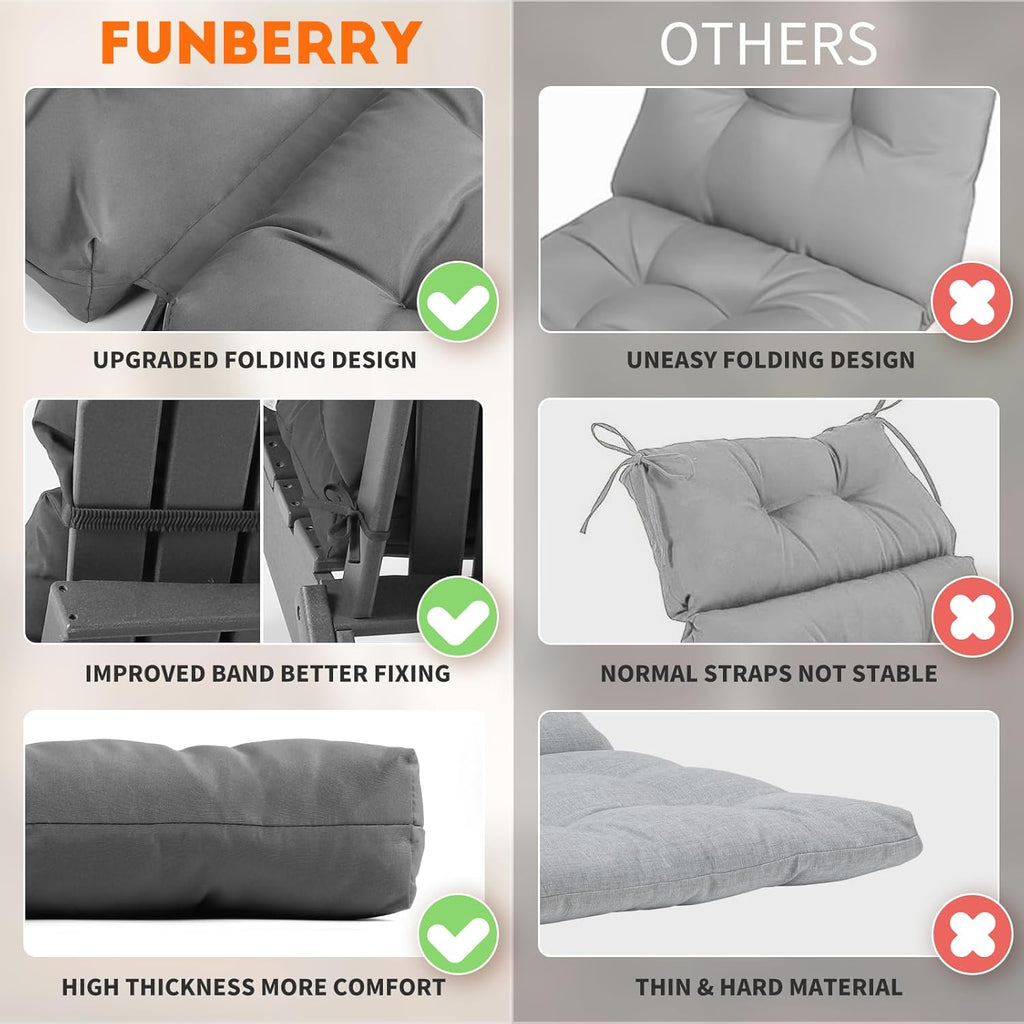 FUNBERRY Adirondack Chair Cushions Set of 2, Thicken Comfy Cushions for Rocker Non Slip Fade Shield Waterproof High Back with Ties