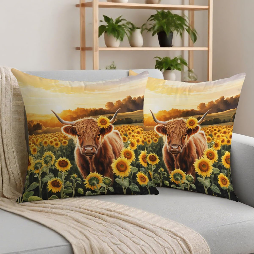 2 Pcs Highland Cow With Sunflowers Decorative Throw Pillow Covers, Spring Outdoor Pillowcase Cotton Linen Farmhouse Cushion Case for Couch Sofa Bedroom Apartment Dorm Living Room Office Home Decor