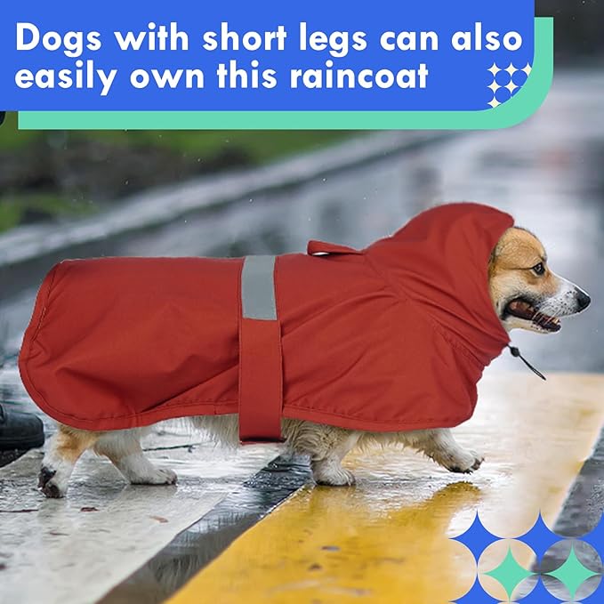 MIGOHI Dog Rain Jacket, Reflective Rain Coat for Medium Dogs | Adjustable Hind Leg Straps Rainproof, Waterproof & Windproof Coat for Rainy Days, Dog Poncho with Back Leash Hole, Red, 2XL