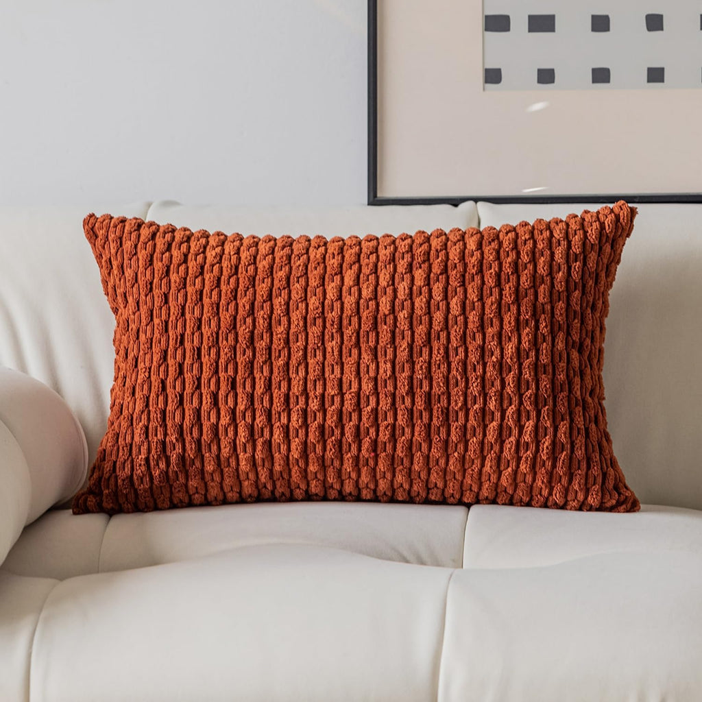 Kevin Textile Fall 12x20 Inch Pillow Cover 1 Pack Boho Decorative Soft Striped Corduroy Lumbar Farmhouse Solid Color Accent Rectangle Cushion Case for Living Room Couch Sofa Bed, Burnt Brick