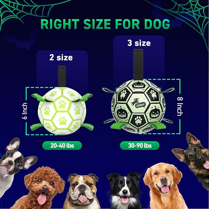 QDAN Glow in The Dark Halloween Dog Toys, Dog Ball with Straps, Soccer Ball for Dogs, Outdoor Dog Toys, Dog Birthday Gifts, Halloween Pet Toys for Medium to Large (8Inch)