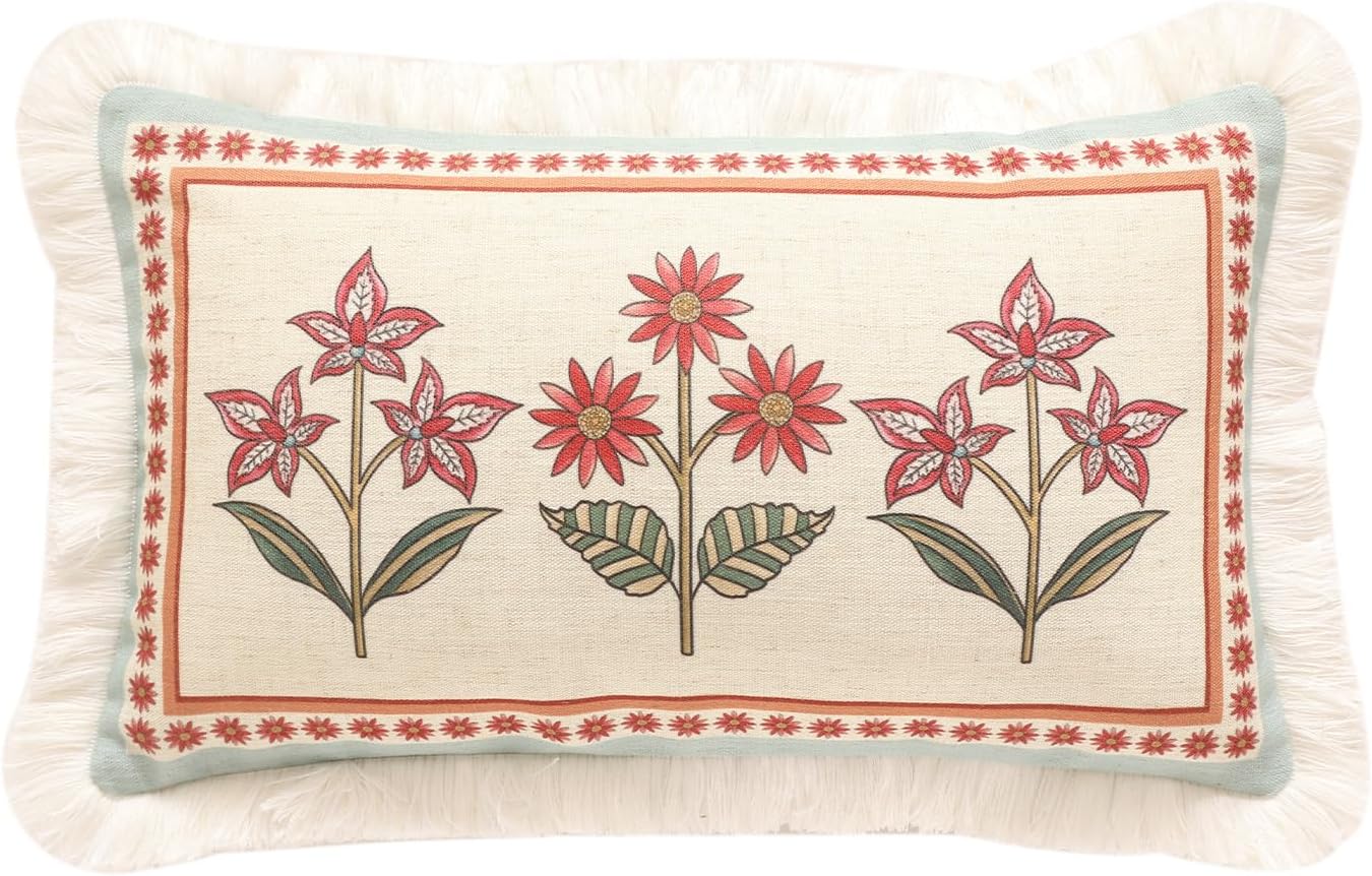 Blue Throw Pillow Covers,Cottage Rustic Farmhouse with Wild Flowers Pattern Linen Pillowcases,Decorative Lumbar Pillows Cushion Cover for Couch Sofa Bed Chair Car,12x20 Inches