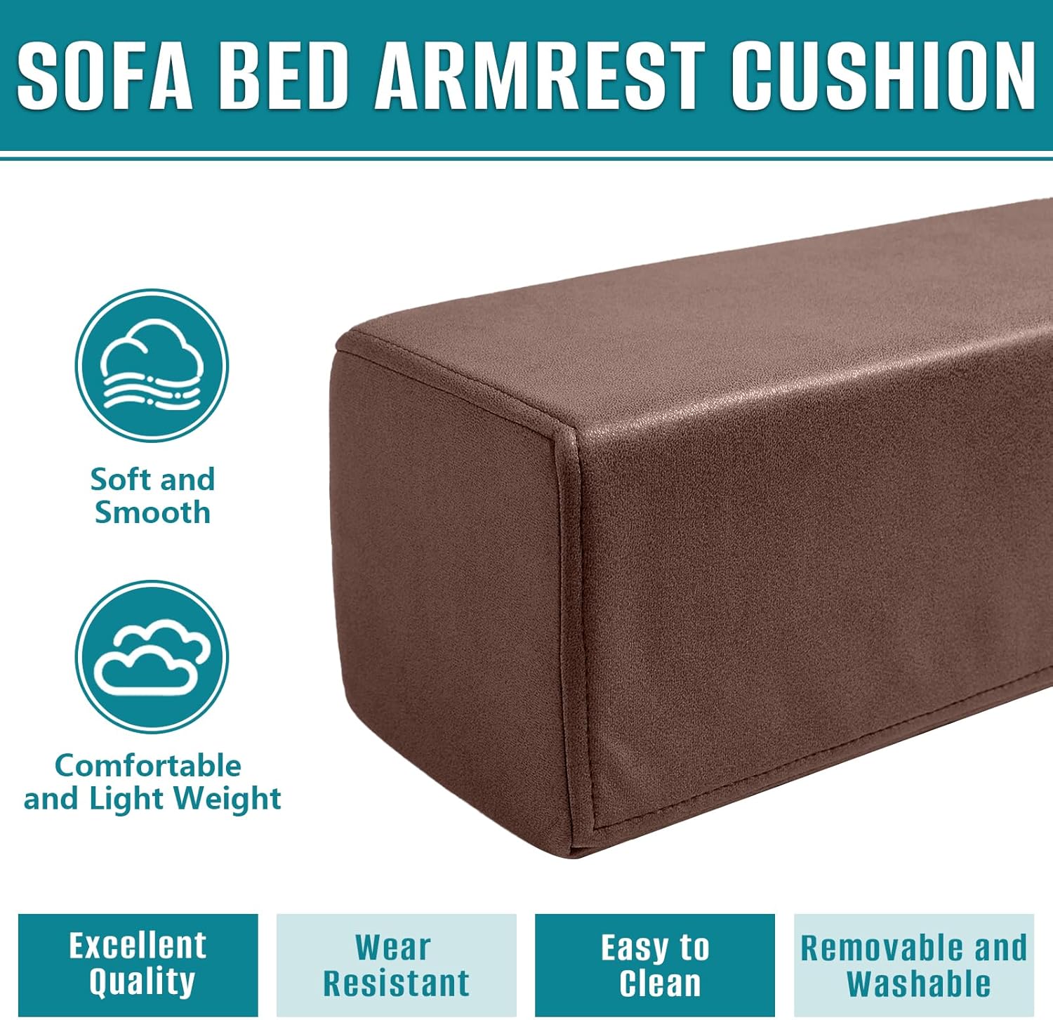 2 Pack Couch Arm Rest Pillow, 6''x6''x20'' Faux Leather Waterproof Cover, High Density Foam Armrest Cushion, Removable & Washable Elbow Support for Sofa, Bed, and Armchair (Dark Brown)