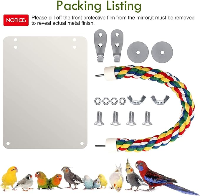 BWOGUE 7 Inch Bird Mirror with Rope Perch Cockatiel Mirror for Cage Bird Toys Swing Parrot Cage Toys for Parakeet Cockatoo Cockatiel Conure Lovebirds Finch Canaries