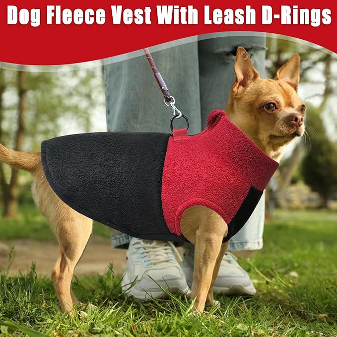 Idepet Dog Fleece Vest Sweater Zip Up Warm Pullover Dogs Jacket with D-Ring Leash Winter Cold Weater Coat Pet Sweatershirt Clothes Hoodie for Small Medium Dogs Boy Girl (Red/Black, L)