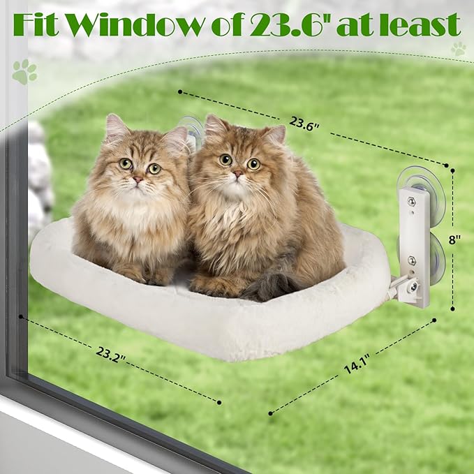 keny Cat Window Perch with Soft Plush Cushion Bed, Cordless Cat Window Hammock with 3.54" Larger Suction Cups, Easy to Assemble Cat Window Bed Seat for Indoor Cats, White