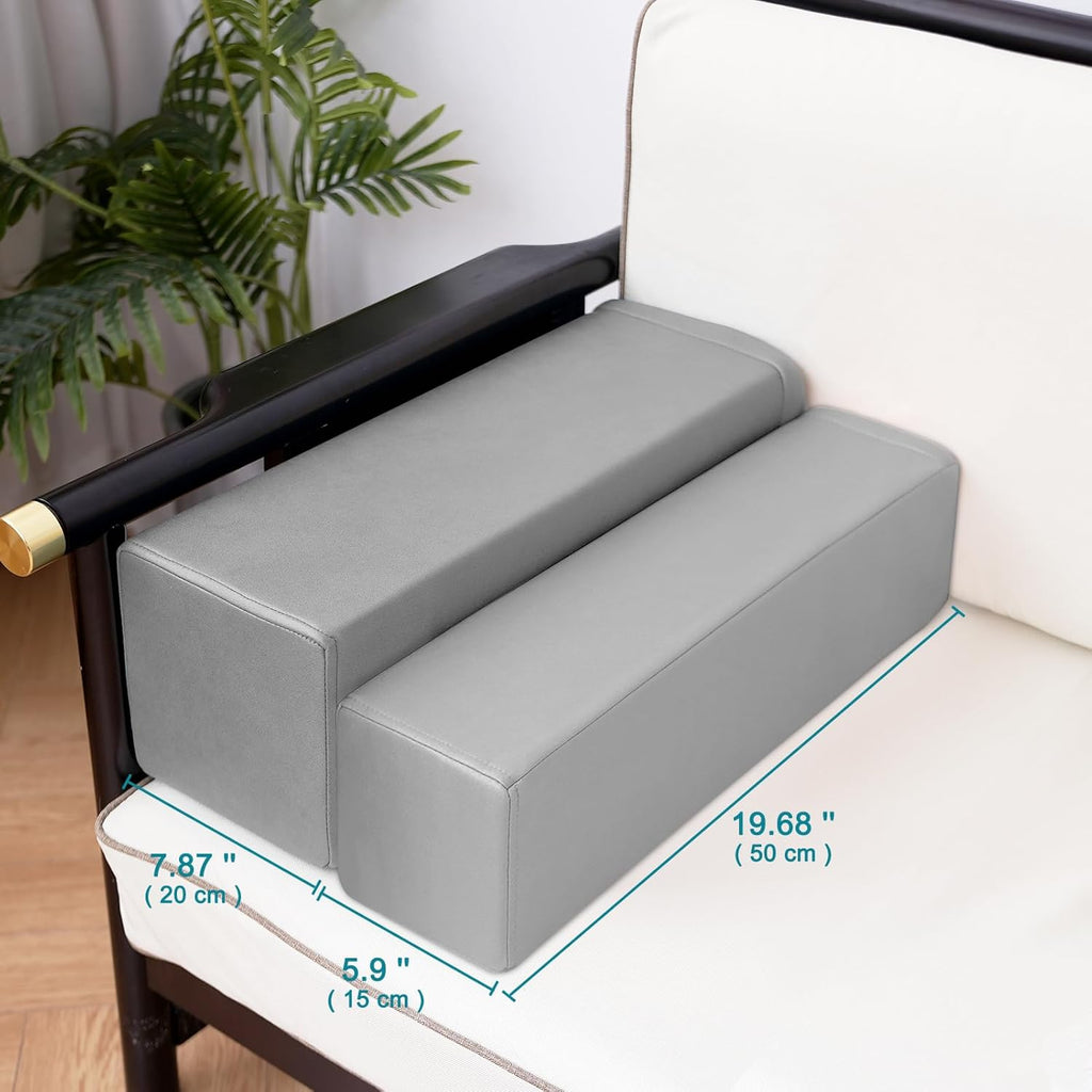 2 Pack Couch Arm Rest Pillow, 8''x8''x20'' Faux Leather Waterproof Cover, High Density Foam Armrest Cushion, Removable & Washable Elbow Support for Sofa, Bed, and Armchair (Medium Grey)