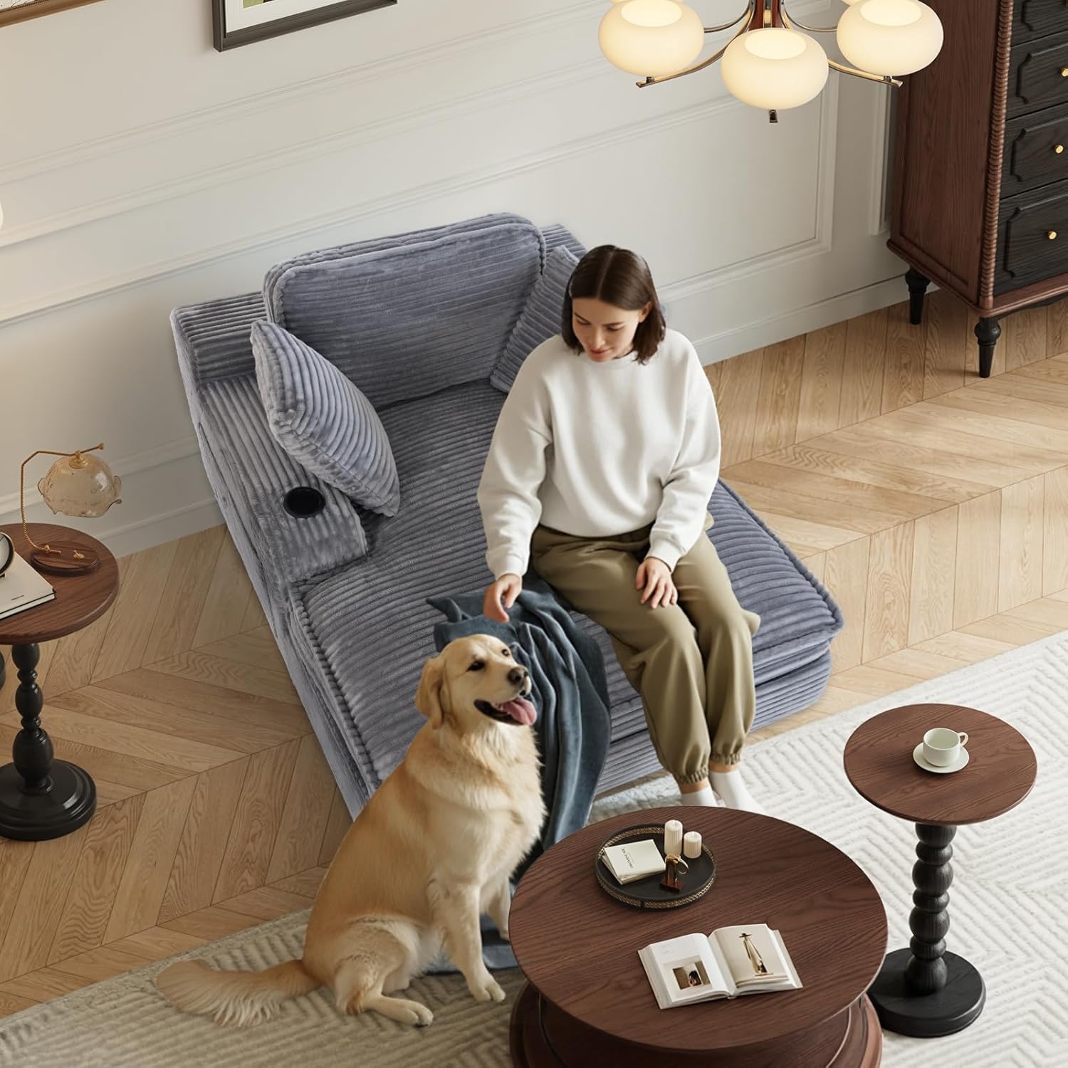 67" Chaise Lounge Chair Indoor, Cozy Oversized Fluffy Sofa with Cup Holders & Throw Pillows, Boneless Sleeper Cloud Couch for Living Room, Movie Room and Apartments, Grey