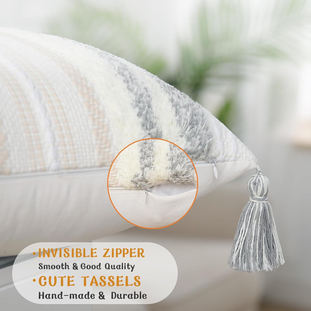 decorUhome Decorative Boho Throw Pillow Covers 12x20 Set of 2, Lumbar Accent Neutral Textured Tufted Pillow Covers Striped for Couch Bed Sofa Living Room, Light Grey and Cream White