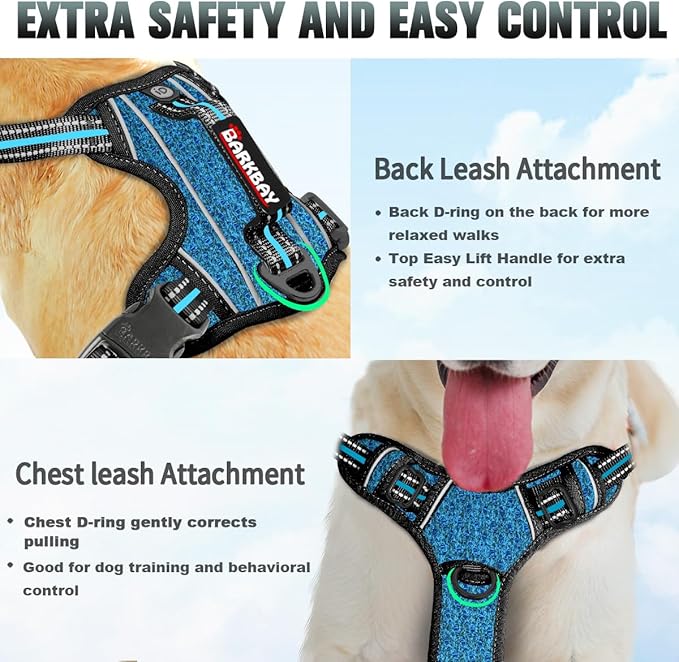 BARKBAY No Pull Dog Harness Large Reflective Dog Harness with Front Clip and Easy Control Handle for Walking Training Running with ID tag Pocket(Blue/Black,XS)