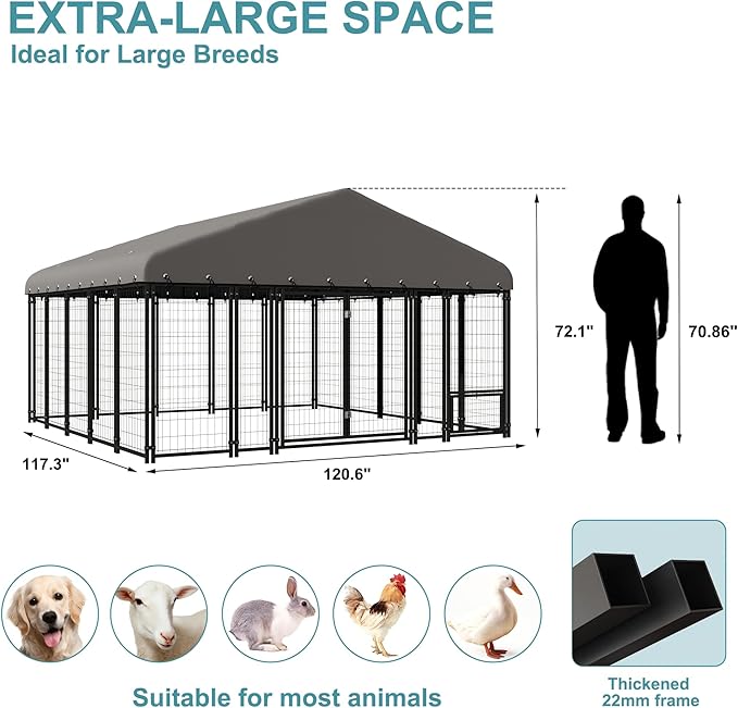 10' x 10' Large Outdoor Dog Kennel with Double Swing Doors, Heavy-Duty Dog Cage with Feeding Panel, Weatherproof Roof, Secure Fence Playpen for Large Dogs, Easy Assembly