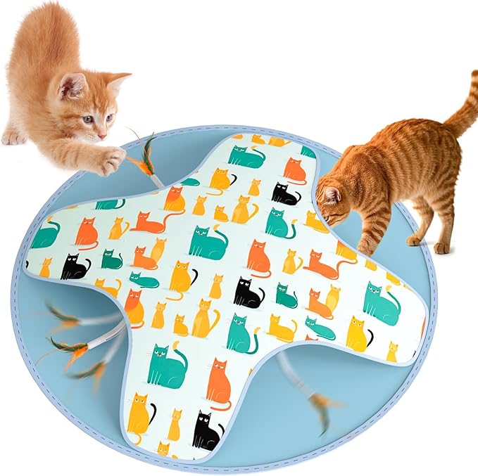 Interactive Cat Toy, 2-in-1 Automatic Cat Toys with Hide/Seek Mode, Moving Concealed Feathers, Two Speed Adjustable & Smart Touch Wake Up - Kitten Play for Indoor Cats (Blue)