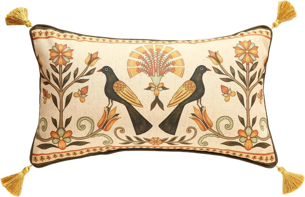 Brown Throw Pillow Covers,Floral Farmhouse Birds Flower Pattern Linen Accent Pillows Cover for Couch,Decorative Lumbar Pillows for Couch Sofa Bed Chair Cushion Covers 12"x20"