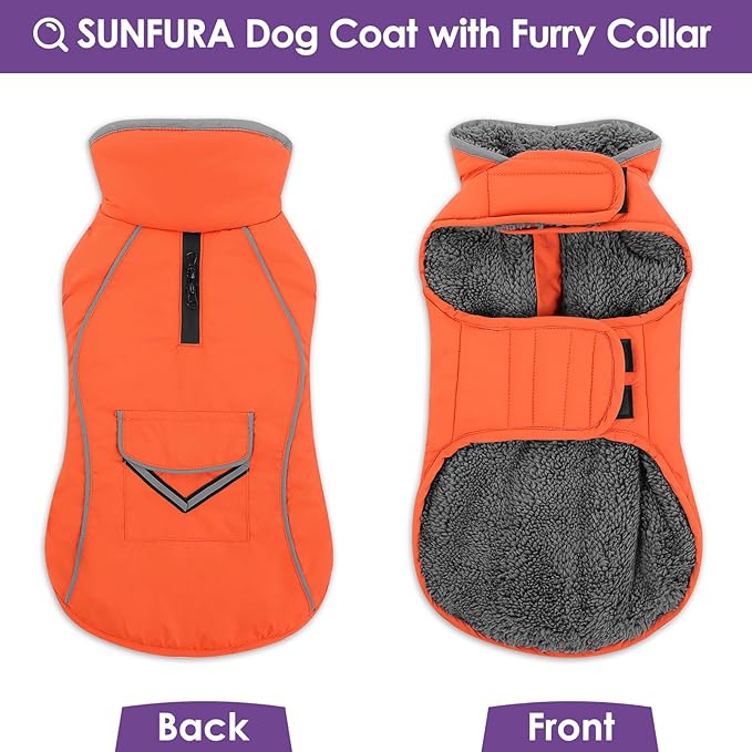 SUNFURA Dog Winter Coat, Medium Dog Coat Jacket with Fleece Lining for Cold Weather, Warm Puffer Jacket Turtleneck Snowsuit with Leash Hole for Jack Russel, Boston Terrier, Orange M