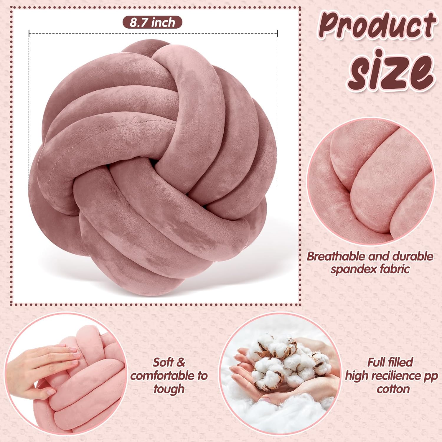 Yerliker 4 Pcs Knot Pillow Ball, 8.7 Inches Soft Home Decorative Round Throw Pillow Handmade Knotted Plush Accent Cushion Gifts for Nursery Decor Home Bed Sofa Bedroom Decoration