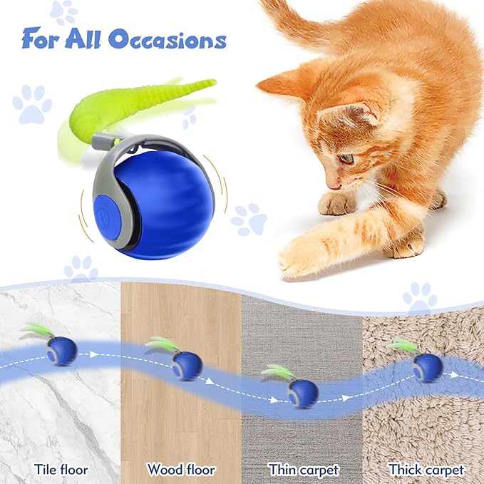 Interactive Cat Toys for Indoor Cats, Automatic Speedy Moving Cat Toy Turbo Ball with Tail 3.0 for Bored Indoor Adult Cats, Rechargeable Chase Motion Activated Kitten Toys - Blue
